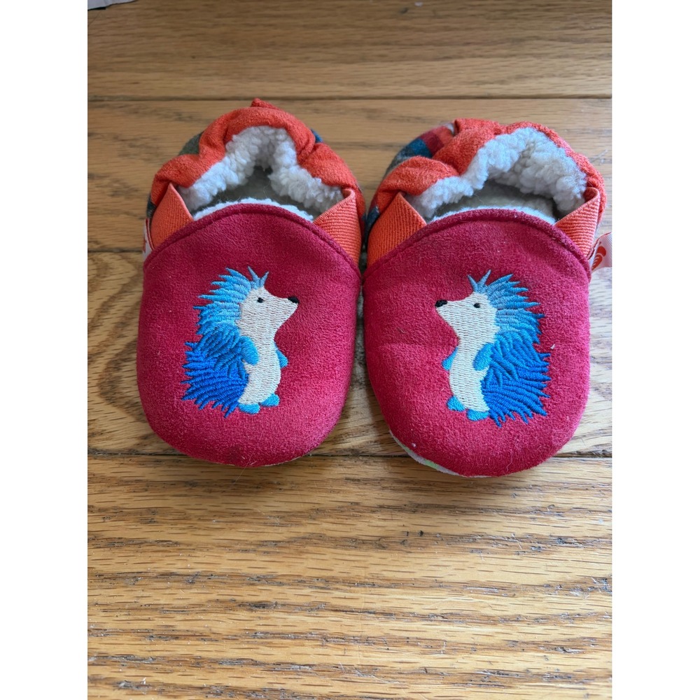 Acorn Toddler Hedgehog Moccasin Slippers Red Blue Striped 18-24 Months 14cm